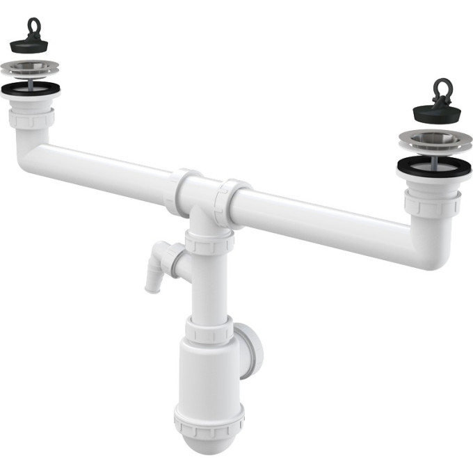 Сифон ALCAPLAST A449P-DN50/40 для сдвоенной мойки, с нержавеющими решетками Ø70, с подводкой